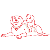 Croquis d'un chien adulte qui se couche avec un chiot sur le dos