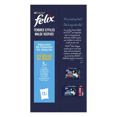 Dos d'emballage PURINA® FELIX® TENDRES EFFILES Sélection de Poissons en Gelée Aliment complet pour chat
