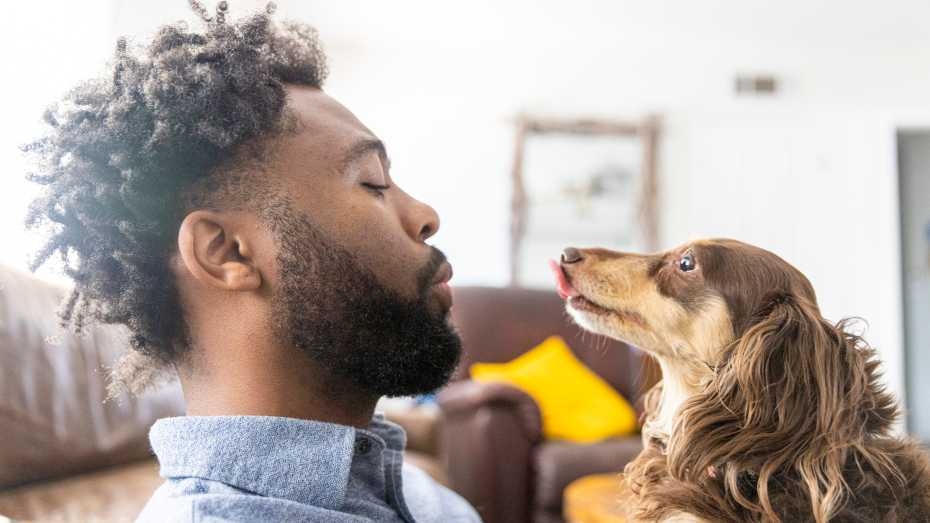 Homme et son chien s'embrassant en se regardant dans les yeux