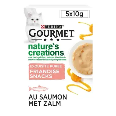 Verpakking PURINA GOURMET® Nature's Creations Puree met Zalm en een vleugje Wortel