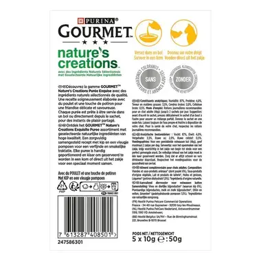 Achterkant Verpakking PURINA GOURMET® Nature's Creations Puree Met Kip en een vleugje Pompoen