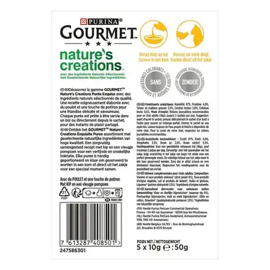 Dos d'emballage PURINA GOURMET® Nature's Creations Purée avec du Poulet et une touche de Potiron