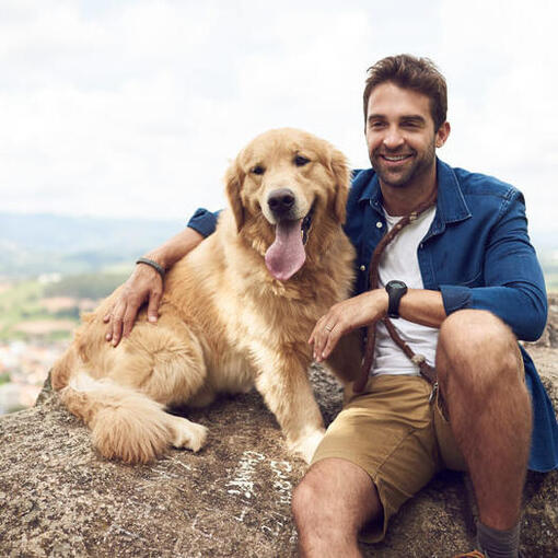 Homme avec golden retriever sur le rocher