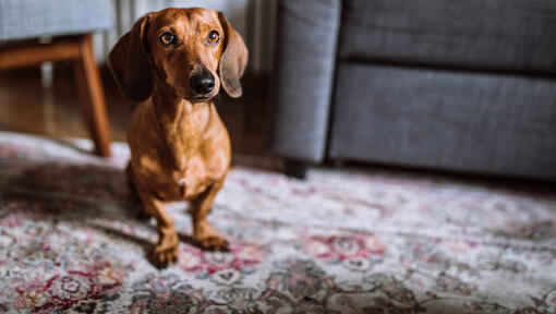 Teckel marron sur un tapis devant une chaise grise